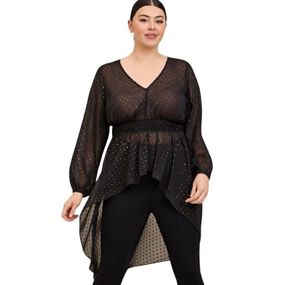 Torrid NWT Chiffon Rainbow Clip Dot Top, Black 3X - Whimsigoth, Semi-Sheer Shirt - Picture 3 of 12